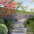 Serene Garden Landscape With Stone Steps Green Hedge Wall And Purple Flowers