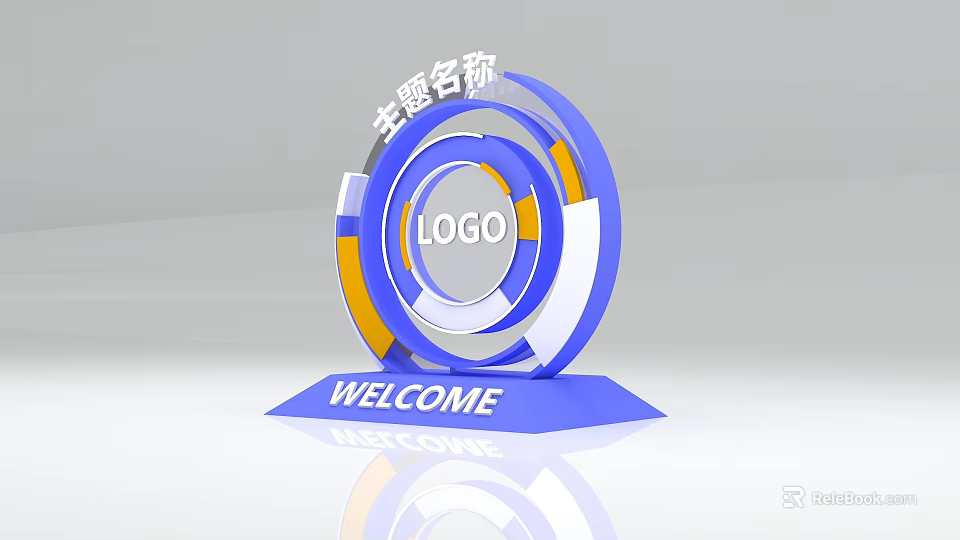3D Text Themed Logo With Circular Rings Blue Orange White WELCOME Base 3d model