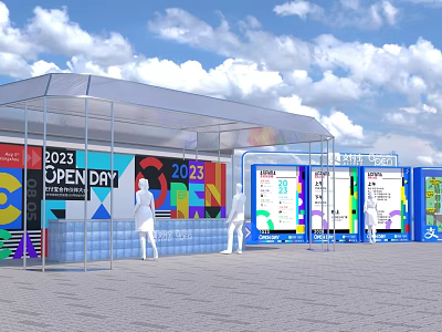 Interactive Zone For 2023 Open Day With Colorful Display Boards Transparent Canopy And White Figures 3d model
