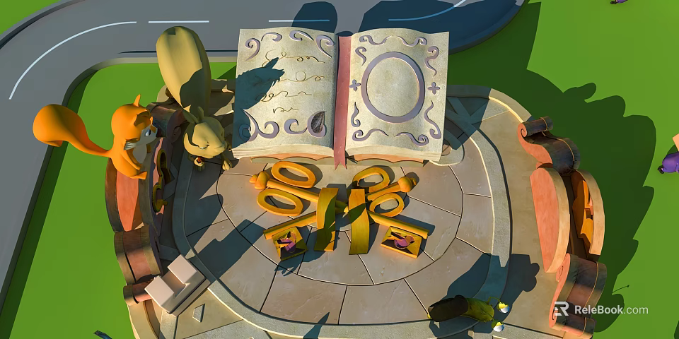 Cartoon Scene with Old Open Decorated Book and Large Scissors on Circular Stone Floor 3d model 