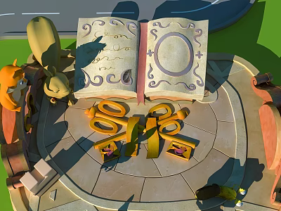 Cartoon Scene with Old Open Decorated Book and Large Scissors on Circular Stone Floor 3d model