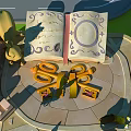 Cartoon Scene with Old Open Decorated Book and Large Scissors on Circular Stone Floor