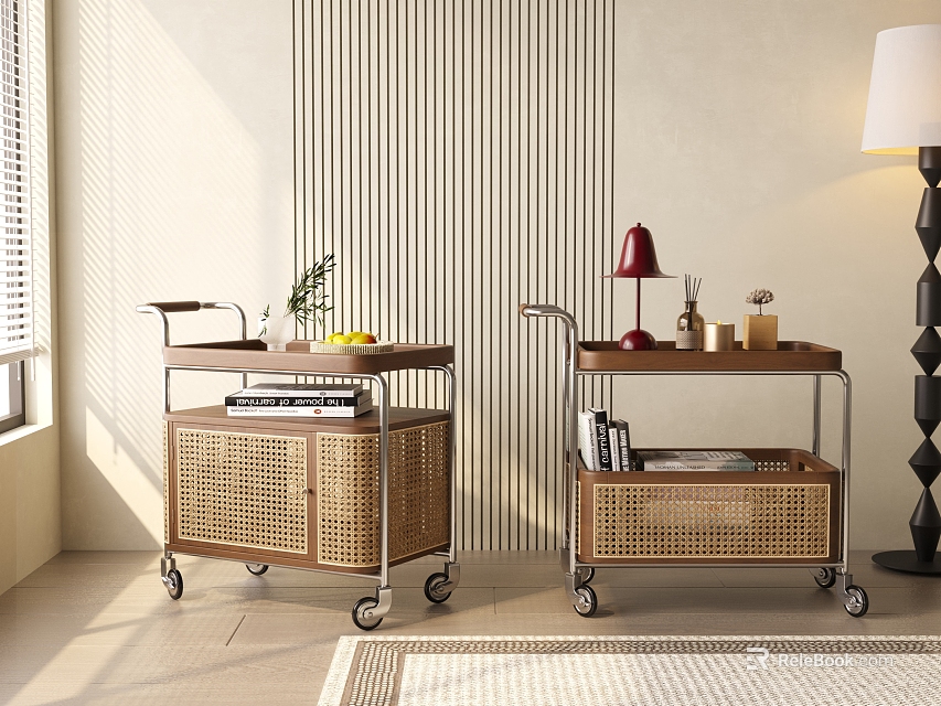Modern Bedside Tables With Wheels Wicker Wooden Trolley Design Featuring Lamp Books Decorations 3d model 