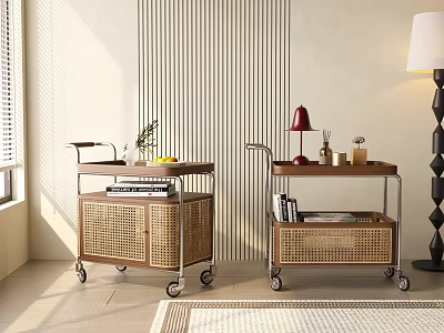 Modern Bedside Tables With Wheels Wicker Wooden Trolley Design Featuring Lamp Books Decorations 3d model