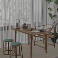 Wooden Tea Table And Chairs With Green Cushions Tea Set Near Curtains And Plants