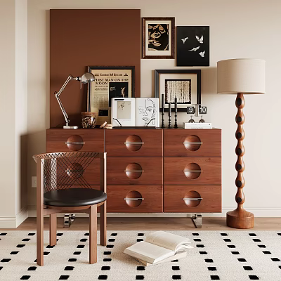 Modern Wooden Entryway Cabinet Sideboard With Drawers Decorative Chair And Table Lamp 3d model