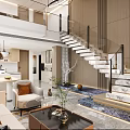 Modern Duplex Living Room Interior Design With Marble Staircase And Floor to Ceiling Windows
