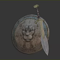 Vintage Round Metal Shield With Lion Head Relief And Decorative Sword