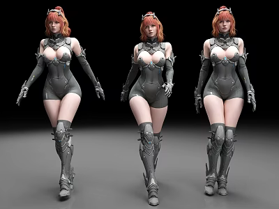 3D Female Character With Red Hair In Tight Gray Armor Outfit Long Boots And Gloves 3d model