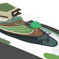 Modern Sales Office Building With Green Roof Lawn Trees And Landscaped Pathway