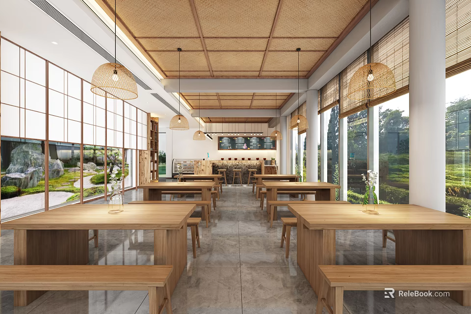 Japanese Restaurant Interior With Wooden Tables Bench Seats Bamboo Ceiling And Garden View 3d model 