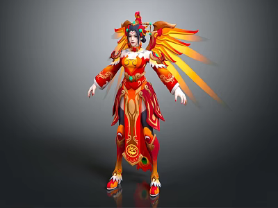 Graceful Female Character in Phoenix Inspired Costume with Colorful Wings and Ornate Details 3d model