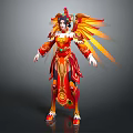 Graceful Female Character in Phoenix Inspired Costume with Colorful Wings and Ornate Details