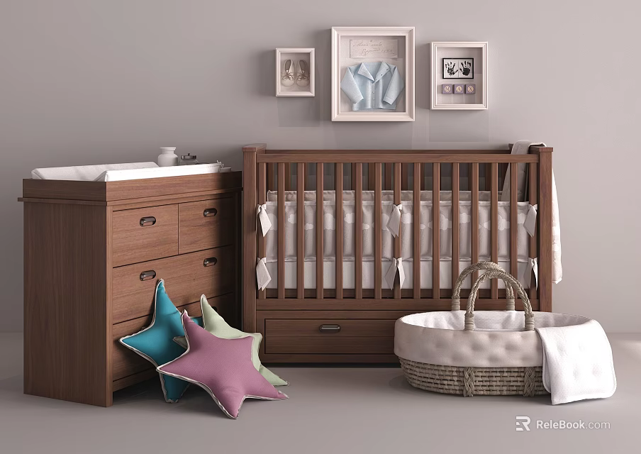 Cozy Baby Crib With Wooden Dresser Framed Pictures Star Plush Toys Wicker Basket White Blanket 3d model 