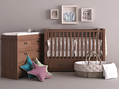 Cozy Baby Crib With Wooden Dresser Framed Pictures Star Plush Toys Wicker Basket White Blanket 3d model