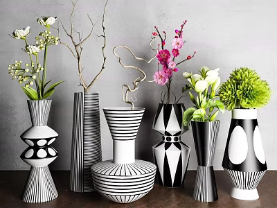 Modern Geometric Striped Vases With White Orchids Pink Blooms Green Bouquets On Wooden Table 3d model