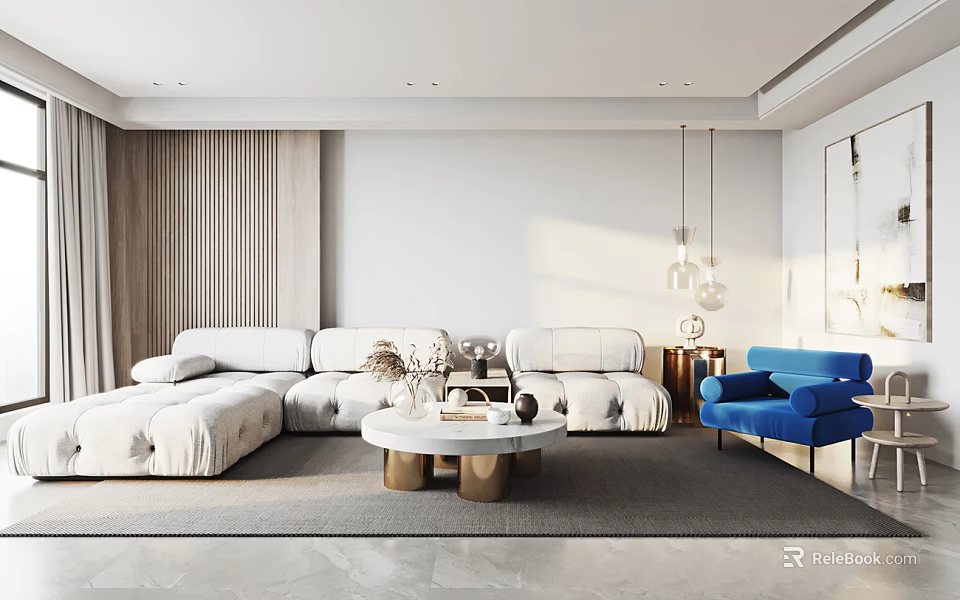 Modern Living Room Interior Featuring White Sofa Blue Armchair Coffee Table And Pendant Lights 3d model 