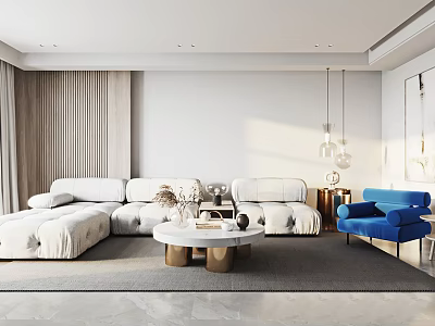 Modern Living Room Interior Featuring White Sofa Blue Armchair Coffee Table And Pendant Lights 3d model