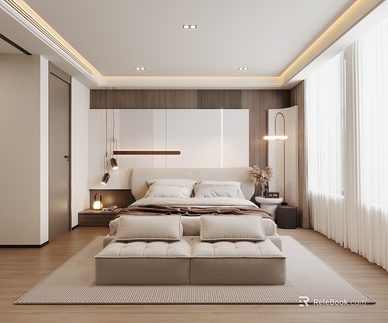 Modern Luxury Bedroom Interior With Platform Bed Ottoman And Pendant Lights 3d model 