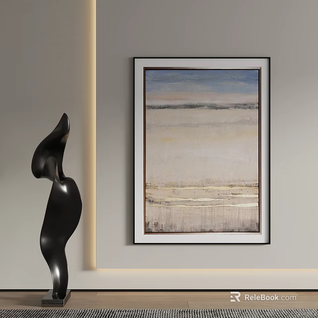 Black Abstract Sculpture With Smooth Curves Near Framed Painting On Light Wall 3d model 