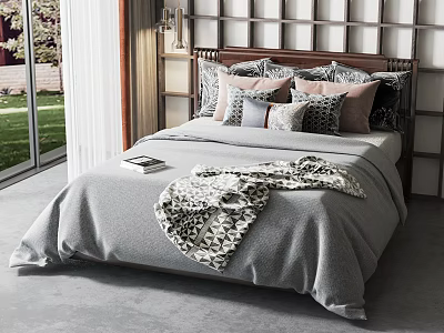 Cozy Double Bed With Gray Comforter Patterned Throw Pillows And Wooden Headboard Near Window 3d model