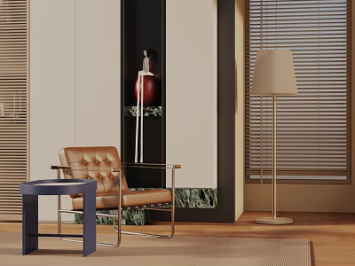 Brown Leather Leisure Chair With Metal Frame Blue Side Table Floor Lamp And Wooden Floor 3d model