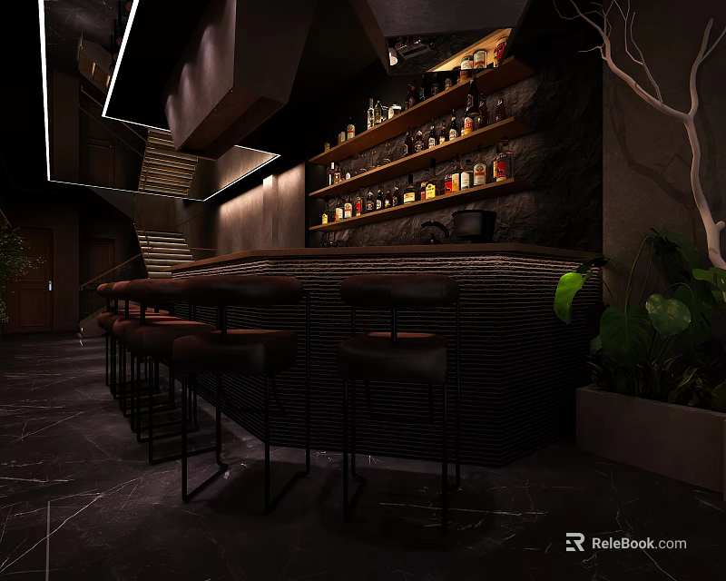 Modern Bar Interior With Sleek Counter Stools Shelves Displaying Liquor Bottles And Green Plants 3d model 