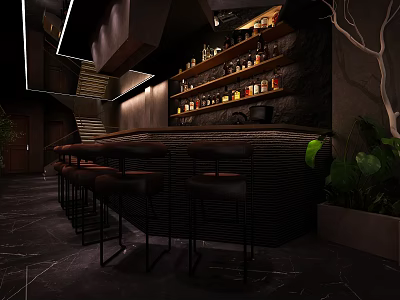 Modern Bar Interior With Sleek Counter Stools Shelves Displaying Liquor Bottles And Green Plants 3d model