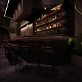 Modern Bar Interior With Sleek Counter Stools Shelves Displaying Liquor Bottles And Green Plants