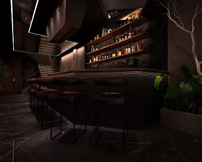 Modern Bar Interior With Sleek Counter Stools Shelves Displaying Liquor Bottles And Green Plants 3d model