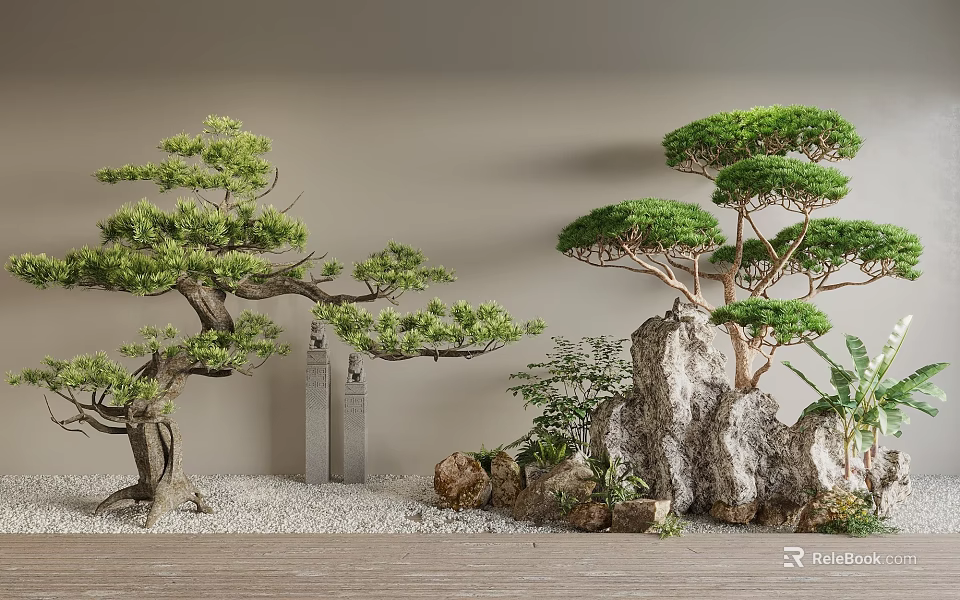 Serene Garden Landscape With Styled Pine Trees Rock Formations And Pebble Ground 3d model 