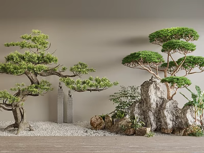 Serene Garden Landscape With Styled Pine Trees Rock Formations And Pebble Ground 3d model