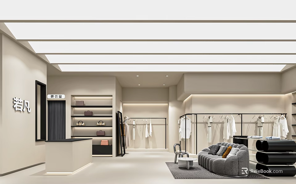 Modern Stylish Clothing Store Interior With Hangers Display Racks Sofa And Bright Lighting 3d model 