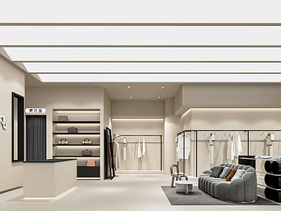 Modern Stylish Clothing Store Interior With Hangers Display Racks Sofa And Bright Lighting 3d model