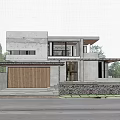 Modern Detached Villa Exterior Featuring Large Windows Trees Parked Cars and Sunset Sky