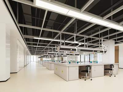 Modern Laboratory Interior With Workbenches Chairs And Equipment 3d model