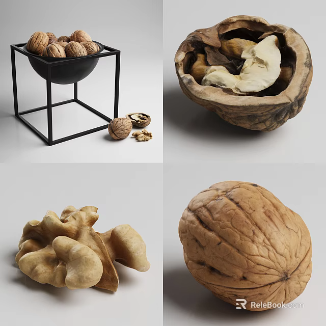 Whole Walnuts and Shelled Kernels in Black Metal Bowl 3d model 
