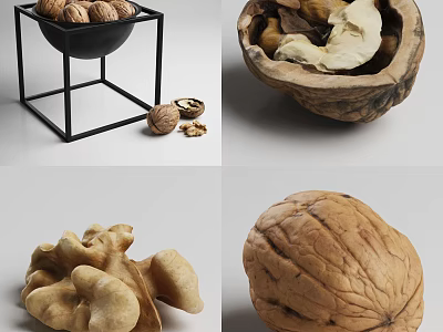 Whole Walnuts and Shelled Kernels in Black Metal Bowl 3d model