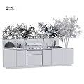 Modern Kitchen Appliances With Wooden Gray Cabinets Island Grill Sink And Olive Trees