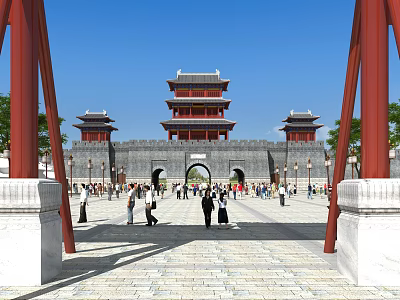 Ancient Chinese Architecture Tower Gate With Red Pillars Stone Pavement And Crowd Walking 3d model