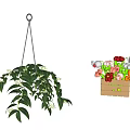Decorative Hanging Potted Plants In Wooden Baskets With Green Leaves And Colorful Flowers