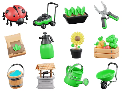 Essential Gardening Hardware Tools With Lawn Mower Shears Watering Can Wheelbarrow And Sprayer 3d model
