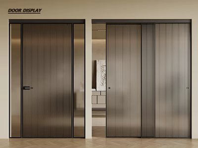 Modern Sliding Doors With Ribbed Glass And Dark Frame For Interior 3d model