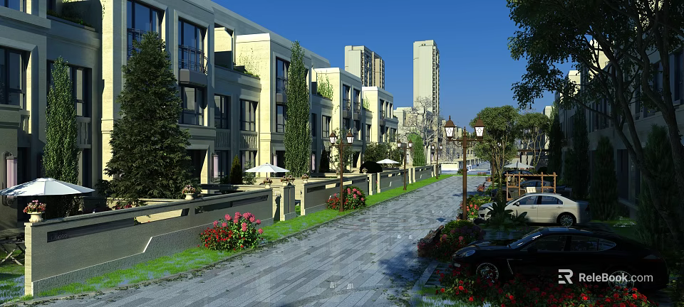 Modern Townhouse Exterior With Lush Greenery Trees Flower Beds Paved Walkway And Street Lamps 3d model 