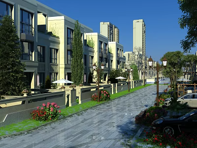 Modern Townhouse Exterior With Lush Greenery Trees Flower Beds Paved Walkway And Street Lamps 3d model