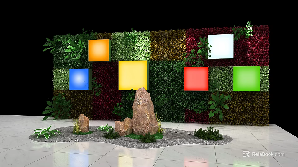Green Plant Wall with Colorful Square Panels Stones and Small Plants on White Tiled Floor 3d model 