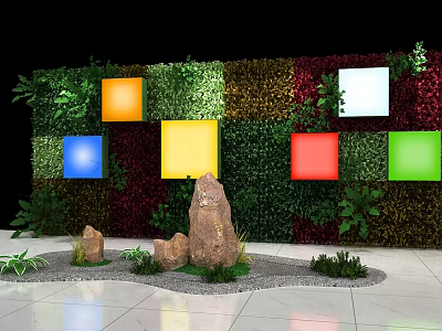 Green Plant Wall with Colorful Square Panels Stones and Small Plants on White Tiled Floor 3d model
