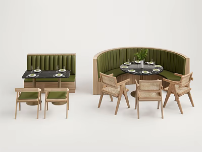 Public Chairs With Green Upholstery Wooden Frame And Curved Booths For Restaurant Seating 3d model