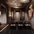 Traditional Chinese Interior Design With Long Wooden Table Lanterns And Wall Painting