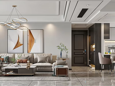 Modern Living and Dining Room Interior Design With Beige Sofa Artworks Chandelier Dining Table Chairs 3d model